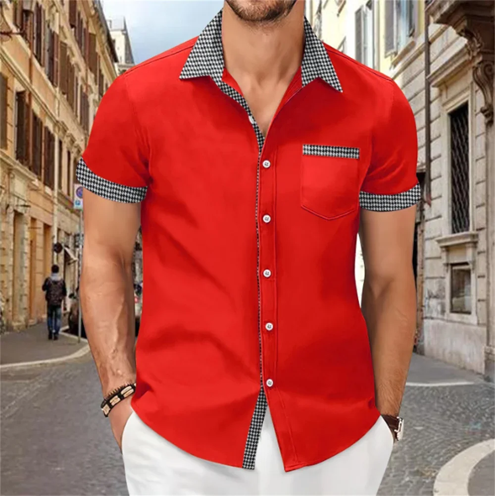 Camisa estampada em retalhas masculina, cor sólida, confortável e macia, blusa de manga curta, tamanho grande, nova, verão