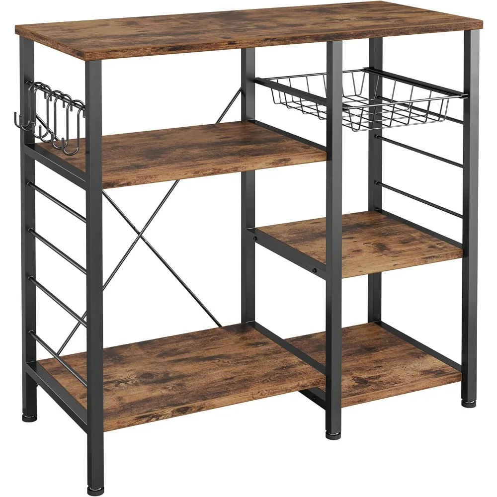 

Industrial Kitchen Baker’s Rack, Kitchen Island Utility Storage Shelf, Coffee Bar Microwave Stand with 6 Hooks, Metal Frame, Si