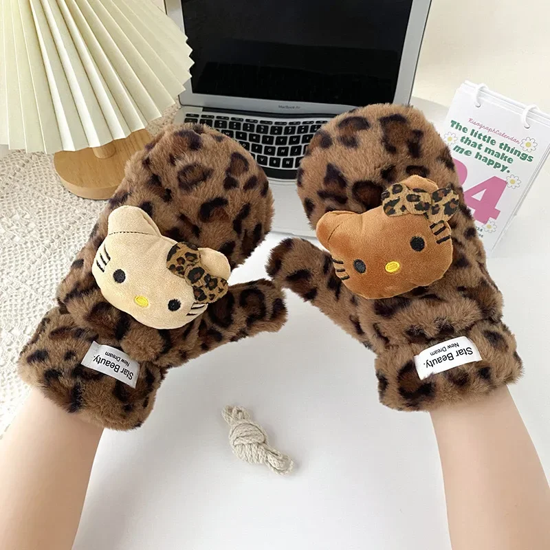 2024 Leopard HelloKittys Plush Gloves Scarf Kitty Cat Thermal Hanging Neck Mittens Winter Keep Warm Glove Girl Gift