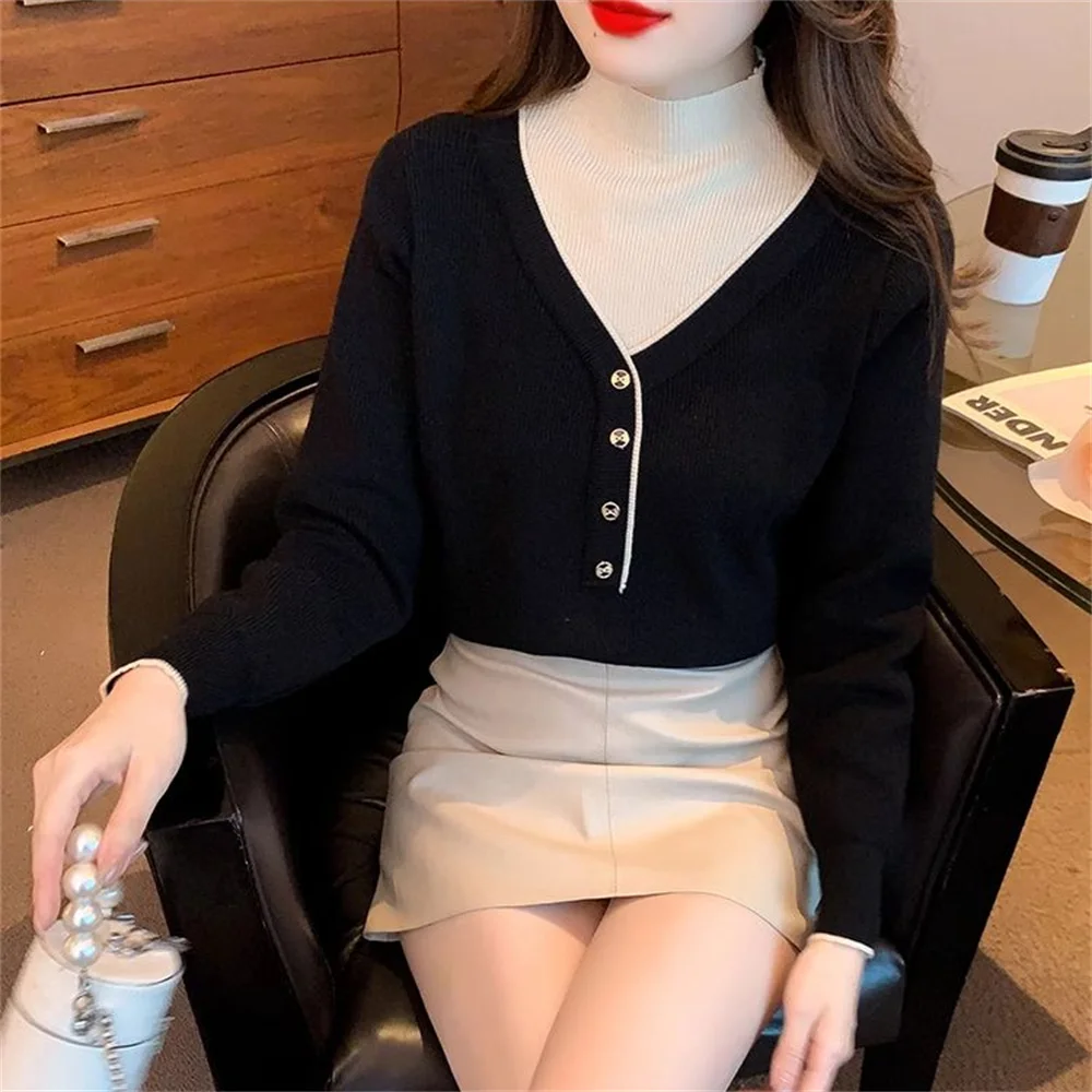 Black Patchwork Two-piece Elegant Sweater Women Clothes Autumn Winter Long Sleeve Vintage Pullover Fashion Office Lady Tops