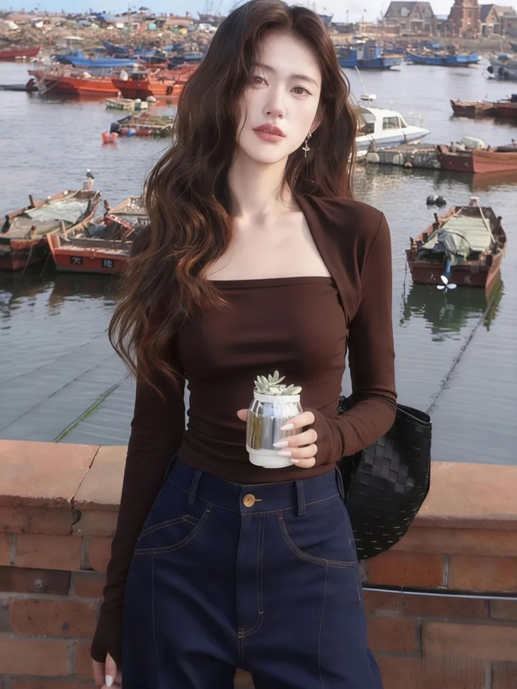 Retro Hong Kong Style Knitted Base Shirt T-Shirt Women's Slim Fit Square Collar Atmosphere Sensation Spring Autumn Fashion