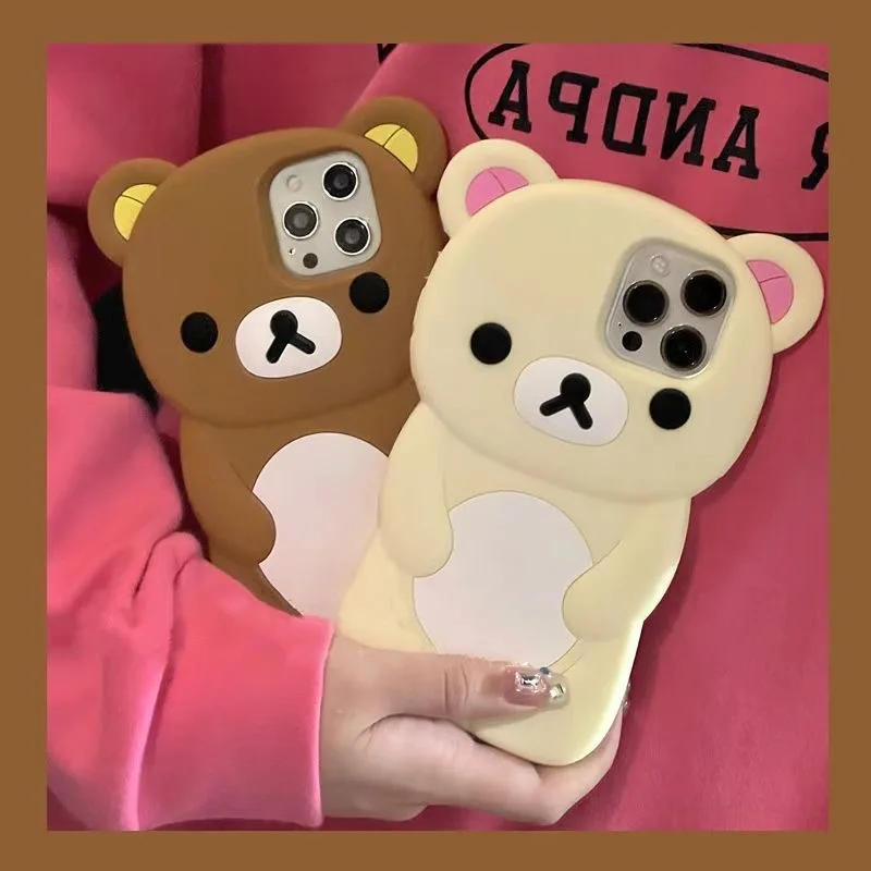 3D Couple Rilakkuma Bear Silicon Back Phone Case for iPhone 16 15 Pro Max 14 Plus 13 Pro 12 Mini 11 X XS XR 7 8 SE Soft Capa