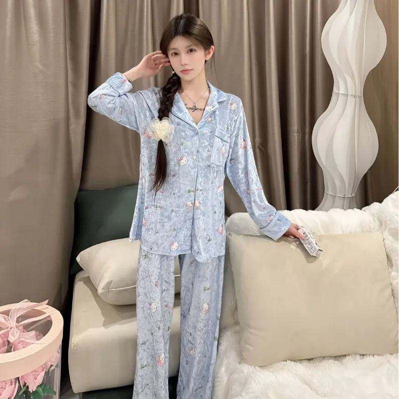 Sanrio Hello Kitty Home Wear New Printed Gold Velvet Pajamas Women's Long-sleeved Sweet Autumn and Winter Cute Blue Kt Suit