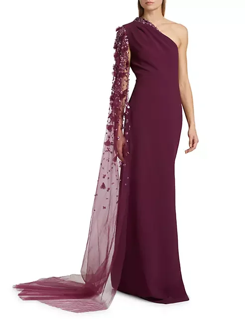 Sexy Strass Kristall verziert Cape-Ärmel Ein-Schulter-Kleid Maxi kleid neue Frauen Langarm Abendkleid langes Ballkleid