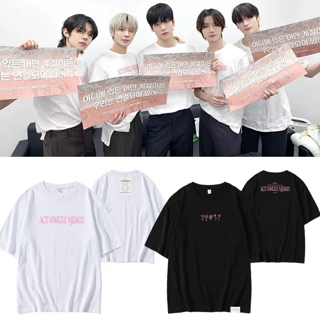 kpop 2024 Txt ACT SWEET MIRAG Tour Concert Y2K T-Shirt Top Cotton Loose Short Sleeved Hip Hop Wrap Harajuku Casual Summer TopTee