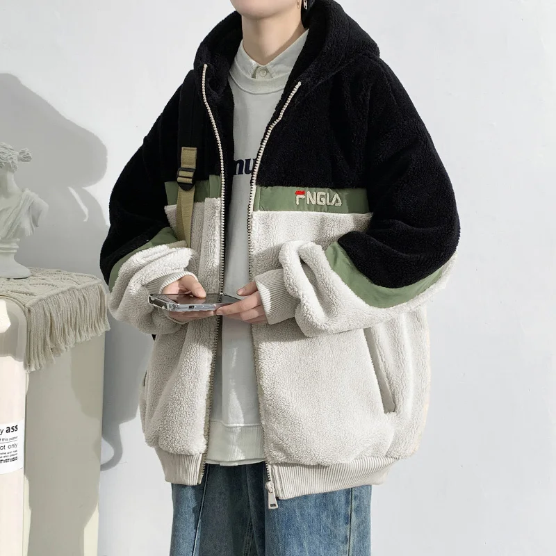 

Мужская утепленная хлопковая куртка в американском стиле с капюшоном, на подкладке из овечьего флиса, зимнее теплое пальто, повседневная модная молодежная куртка с цветовыми блоками