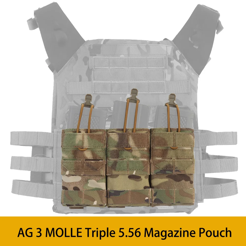 

Tactical MOLLE Triple 5.56 Magazine Pouch AG 3 Bungee Retention M4 MAG Holder K19 Plate Carrier Vest Front Placard Bag Airsoft