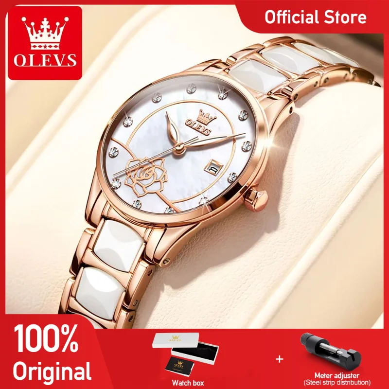OLEVS 3606 Ladies Watch Luxury Quartz Wristwatch Ceramic Strap Camellia Dial Waterproof  Ladies Date Watch Set Original Reloj