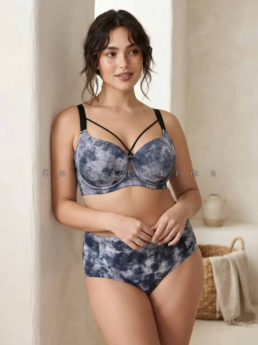 Plus Size Tie Dye Bra Set Women Underwire Push Up Bra High Waist Panties 2 Pieces Lingerie Set Large Full Cup B C D E F G H I J