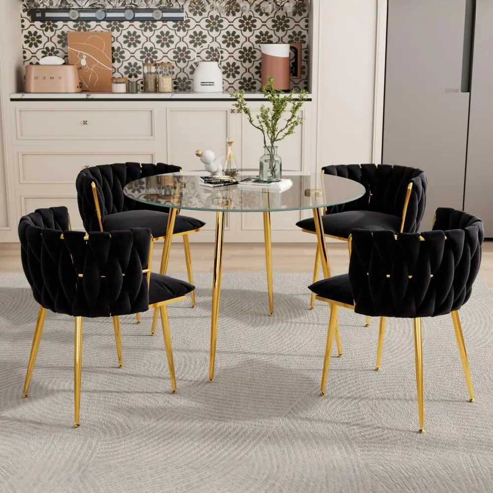 

4 or 5-Piece Clear Glass Dining Set, 39.4 Elegant Round Table with Black Velvet Chairs for Kitchen or Living Room