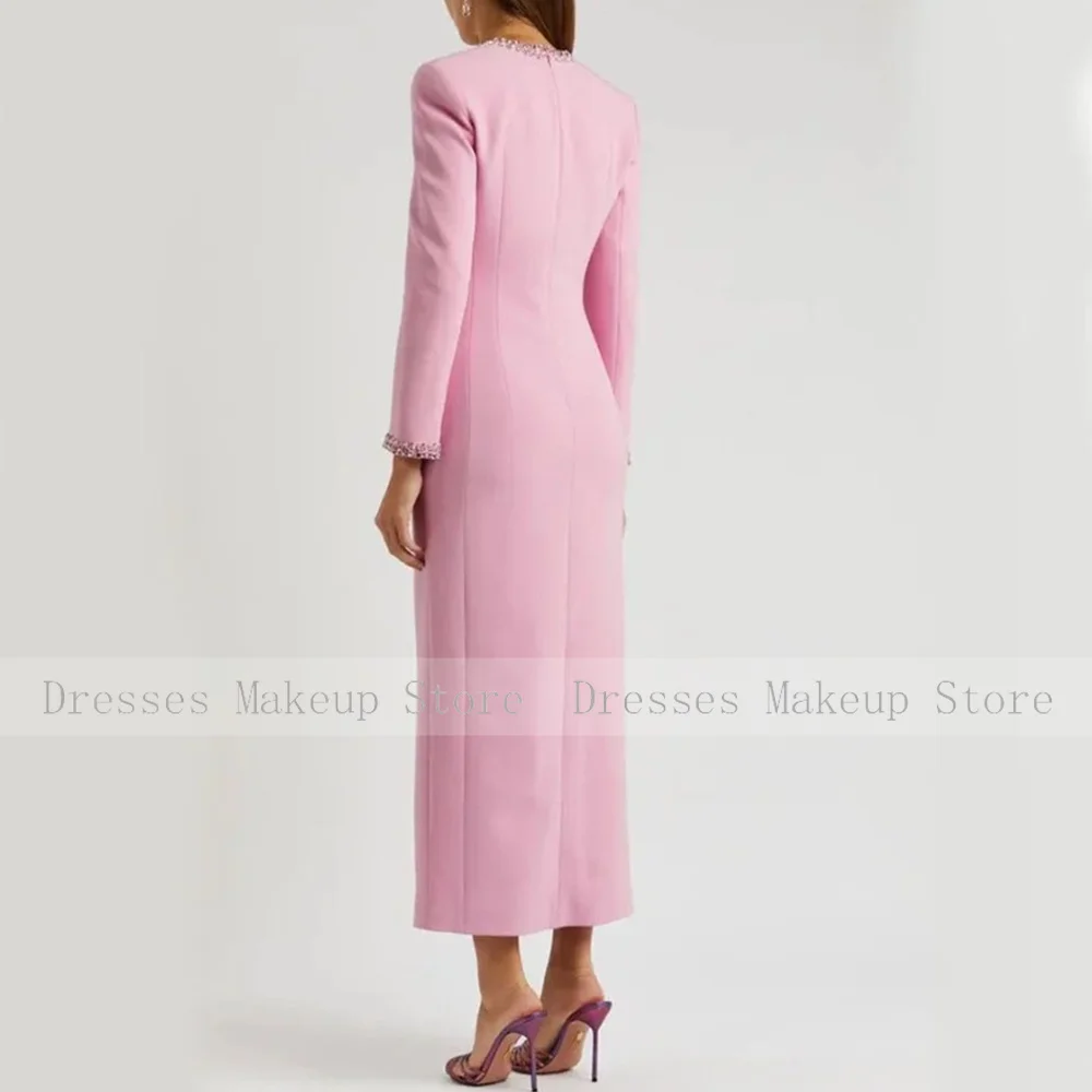 Rhinestone Special Occasion Dresses Midi Column Sweetheart Prom Gowns for Women 2024 Long Sleeves Tea Length Party Dress Pink