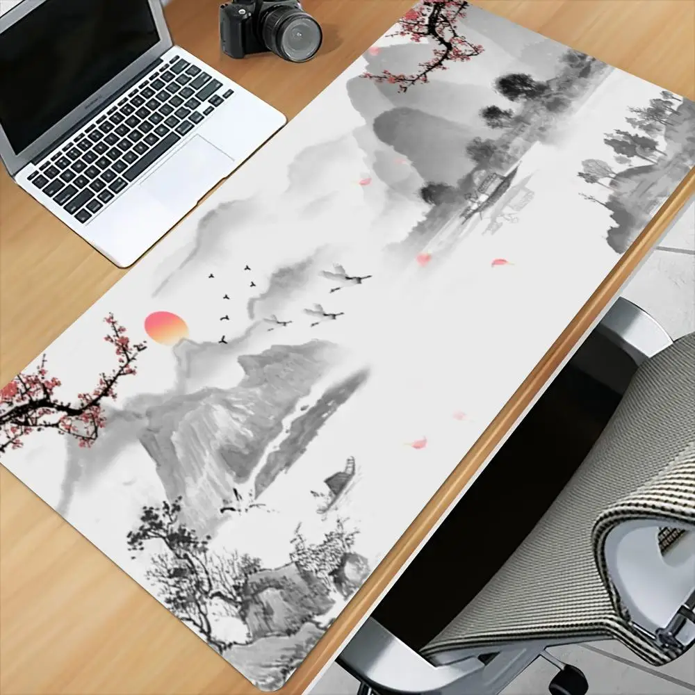 Large Desk Mat Traditional Chinese Ink Scenery Gaming Mouse Pad Non-slip Rubber Keyboard Pad For Office Gamer Laptop Computer