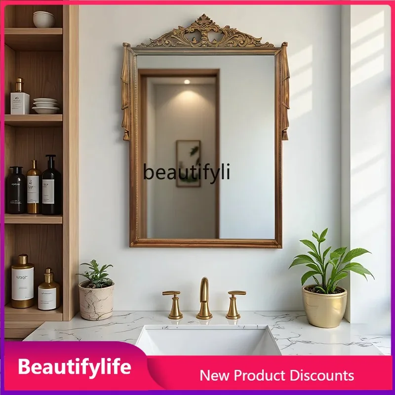 

A17 French Retro Wall Fireplace Mirror Carved Background Wall Hanging Home Decor Mirror European Style