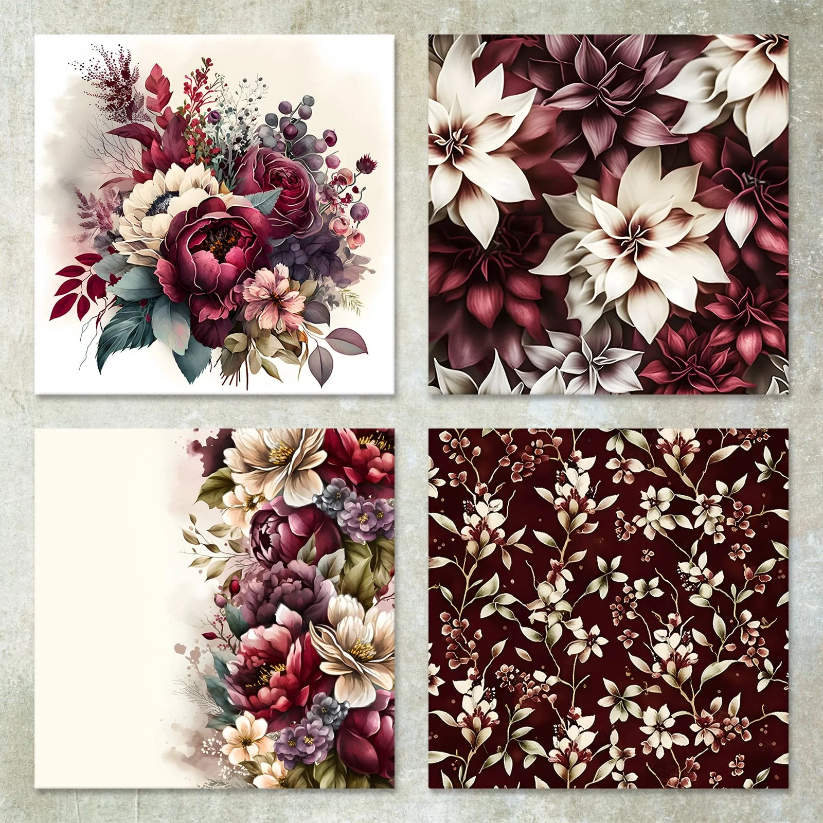 36 Sheets 6inch (Dark Red Flower Pattern) Clipping Thin Paper for Bullet Diary, Junk Magazine, Greeting Card Background