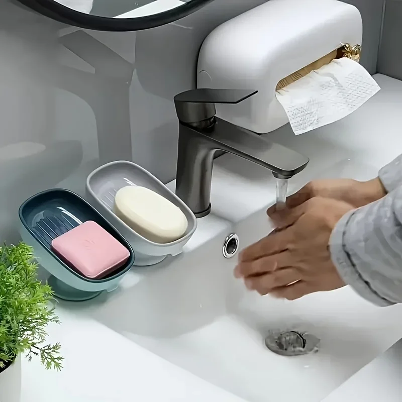 2-in-1 Badezimmer-Seifenhalter mit Saugnäpfen, selbstentleerende Seifenschale für die Arbeitsplatte, doppelter Stauraum für runde und quadratische große Seifen – Detail 8