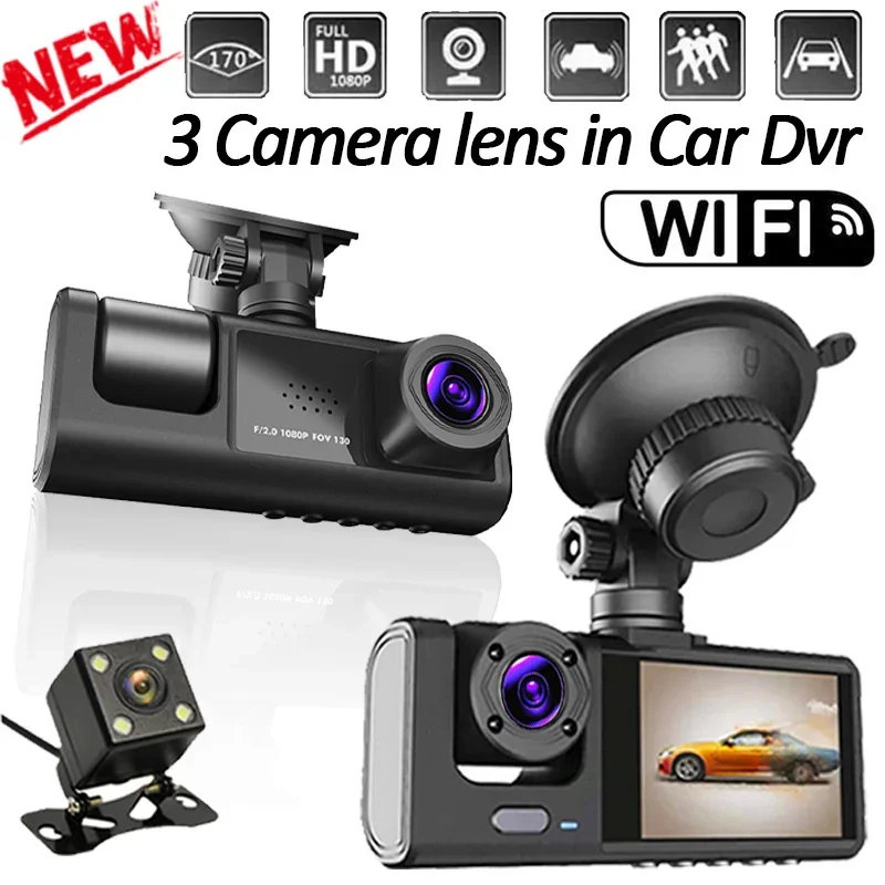 Night Vision Car Camera Dash Cam 3-Lens Car 2 Inch G-sensor Wifi Seamless Loop Recording Front Inside 1080p Cars Video Recorder