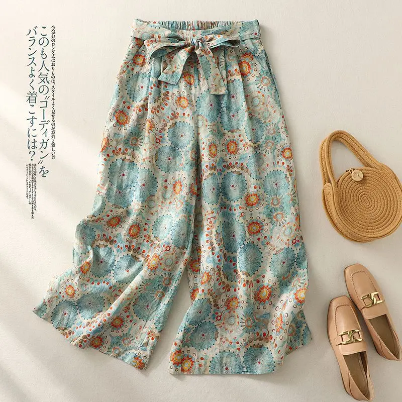Retro Print Loose Linen Wide-leg Pants for Women in Summer Casual Cotton and Linen Skirt Pants