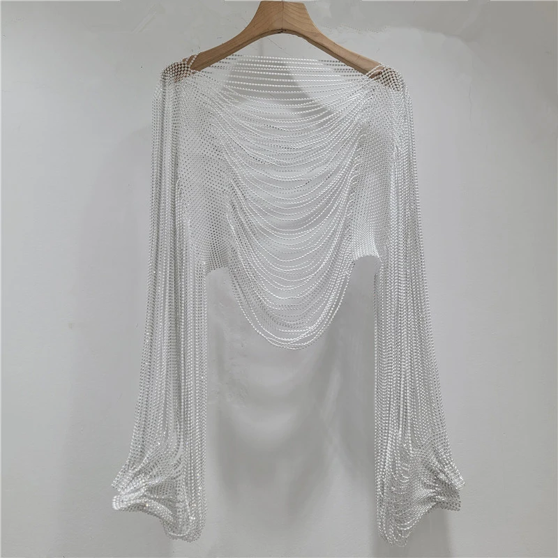 2026 Frühjahr/Sommer Neu Funkelnde Diamant-Halskette Accessoires Kleidung Crop Tops Quasten-Schal Mode Clubwear Langarm-Oberteil – Detail 6