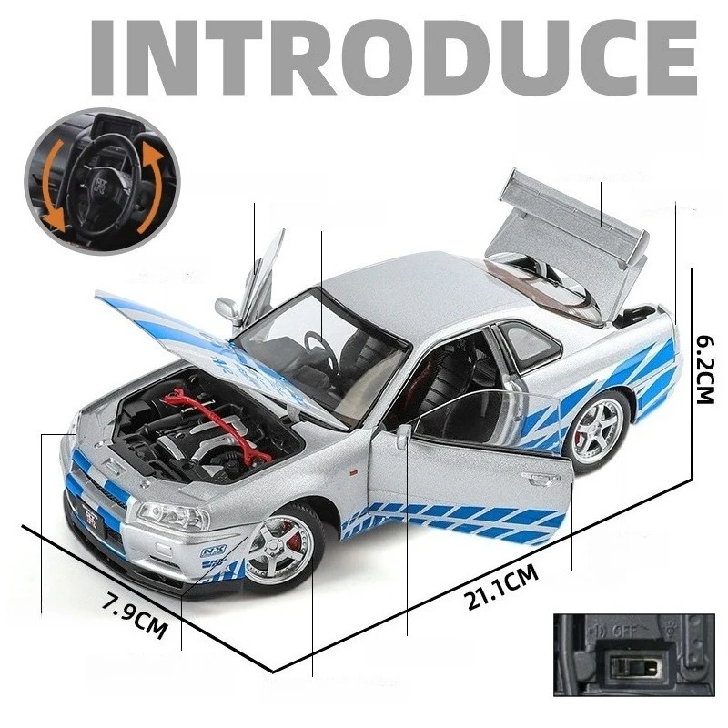 1:24 GTR R34 Skylin coche deportivo simulación Diecast Metal aleación modelo coche sonido luz tirar hacia atrás colección niños juguetes regalos