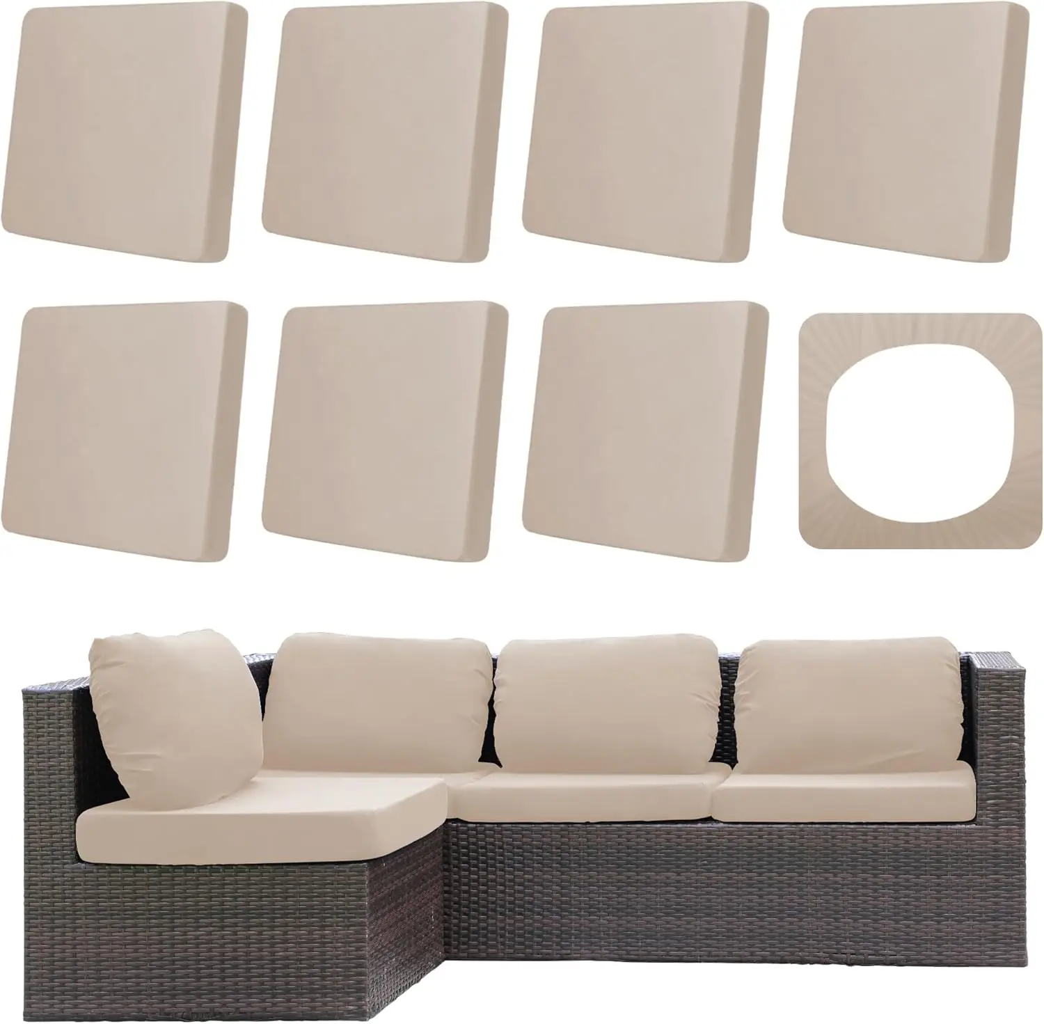 

8Pcs Outdoor Cushion Covers, Stretch Elastic Slipcovers, Washable Furniture Protector for Patio Couch in Beige