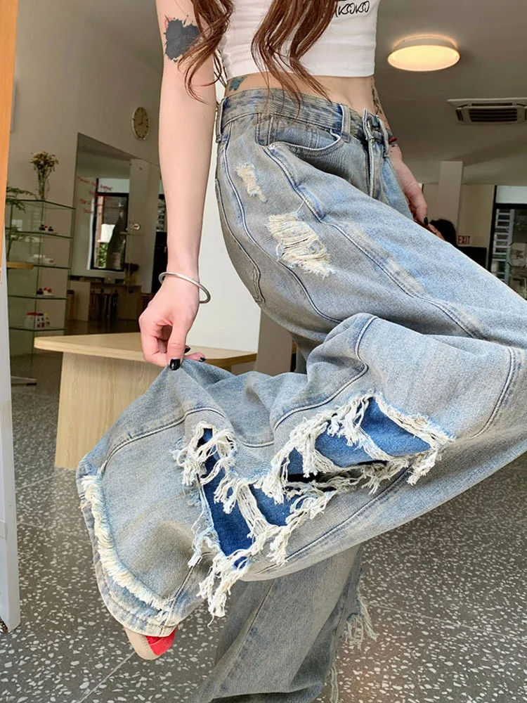 Jeans da donna alla moda tasche a vita media foro finto laterale decorare pantaloni a gamba larga in cotone a figura intera estate 2024 nuovo