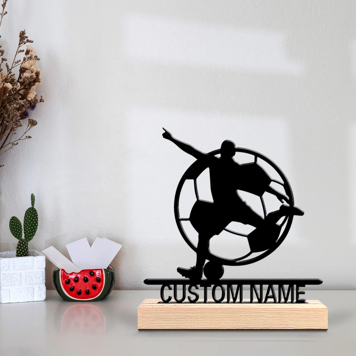 1pc Modern soccer Custom Name Metal Statue Metal Ornament Art Crafts With Wood Base Iron Sculpture For Boys Gifts