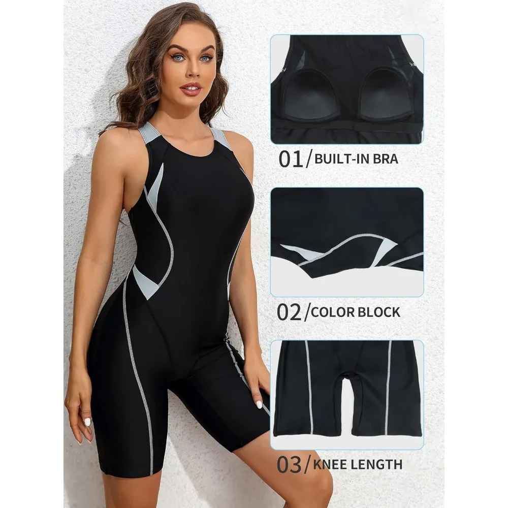 Anfilia Women One-Piece Sports Swimsuits Professional Athletic Training Boyleg Swimwear Knee Length Racerback Bathing Suits