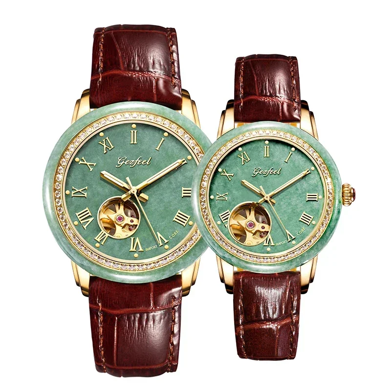 Customized Couple Watches Leather Emerald Watches Automatic Mechanical Jade Watches