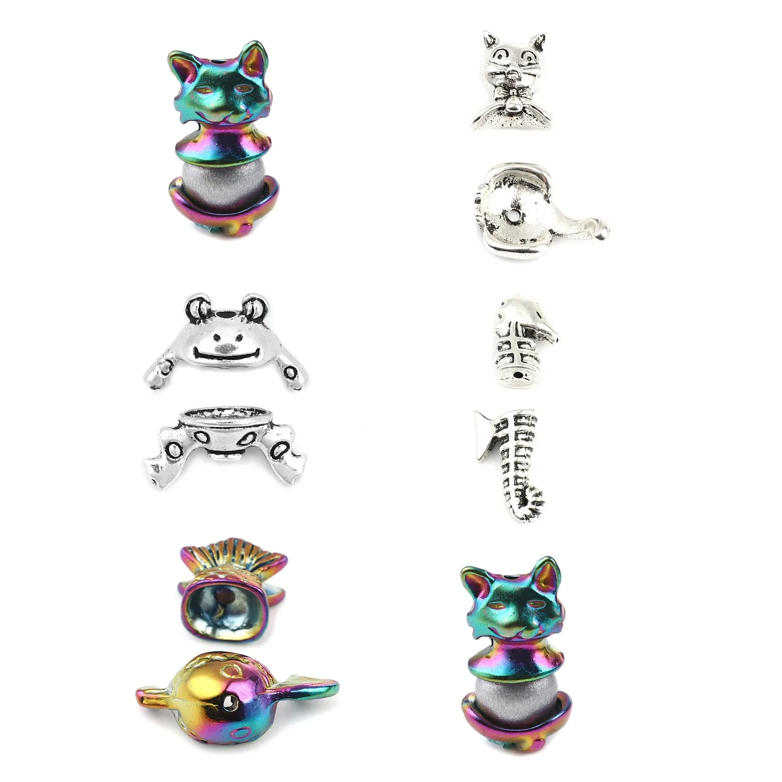 1Set-10Sets Handmade Metal Color Beads Caps Cat Animal Cat Fish Frog Multicolor DIY Making Earrings Necklace Jewelry Findings