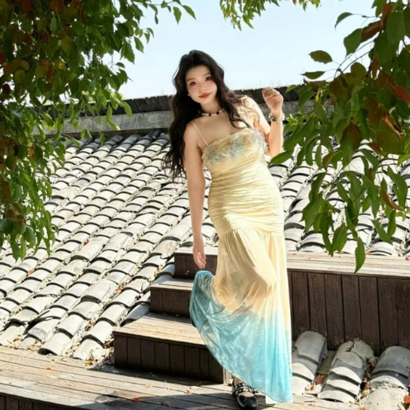 Plus Size Pleated Contrasting Hem Long Skirt for Women 2026 Spring Fashionable Waist Cinching Three-dimensional Decorative Dress