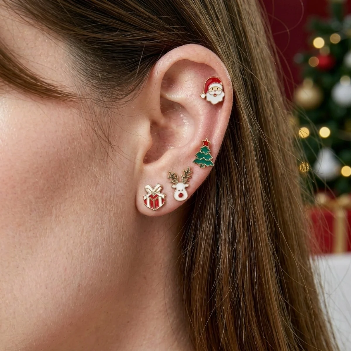 4 Paar/Set Süße Mini-Weihnachtsbaum-Weihnachtsmann-Hirsch-Emaille-Ohrstecker für Frauen Niedliche Elch-Geschenkbox-Ohrringe Weihnachtsfeier-Schmuck – Detail 10