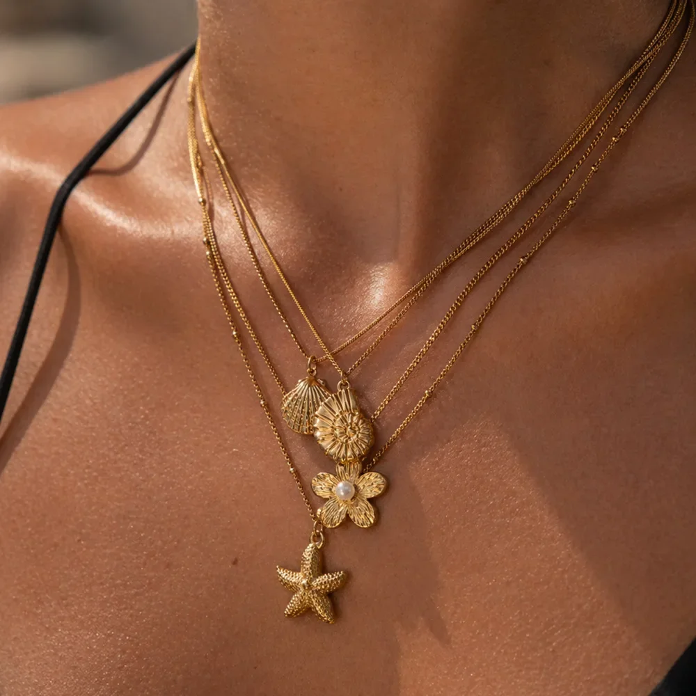 New Fashion Waterproof Stainless Steel Starfish Conch Flower Pendant Necklaces Women Boho Multi Layer Stackable Clavicle Chain