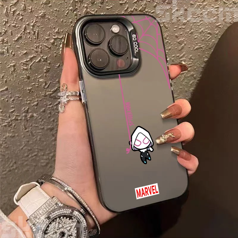 Casing Ponsel Pasangan Spiderman untuk iPhone 16 15 14 11 12 13 Pro Max 7 8 Plus X XR XS Max Sampul Dalam Berlapis Perak Berwarna