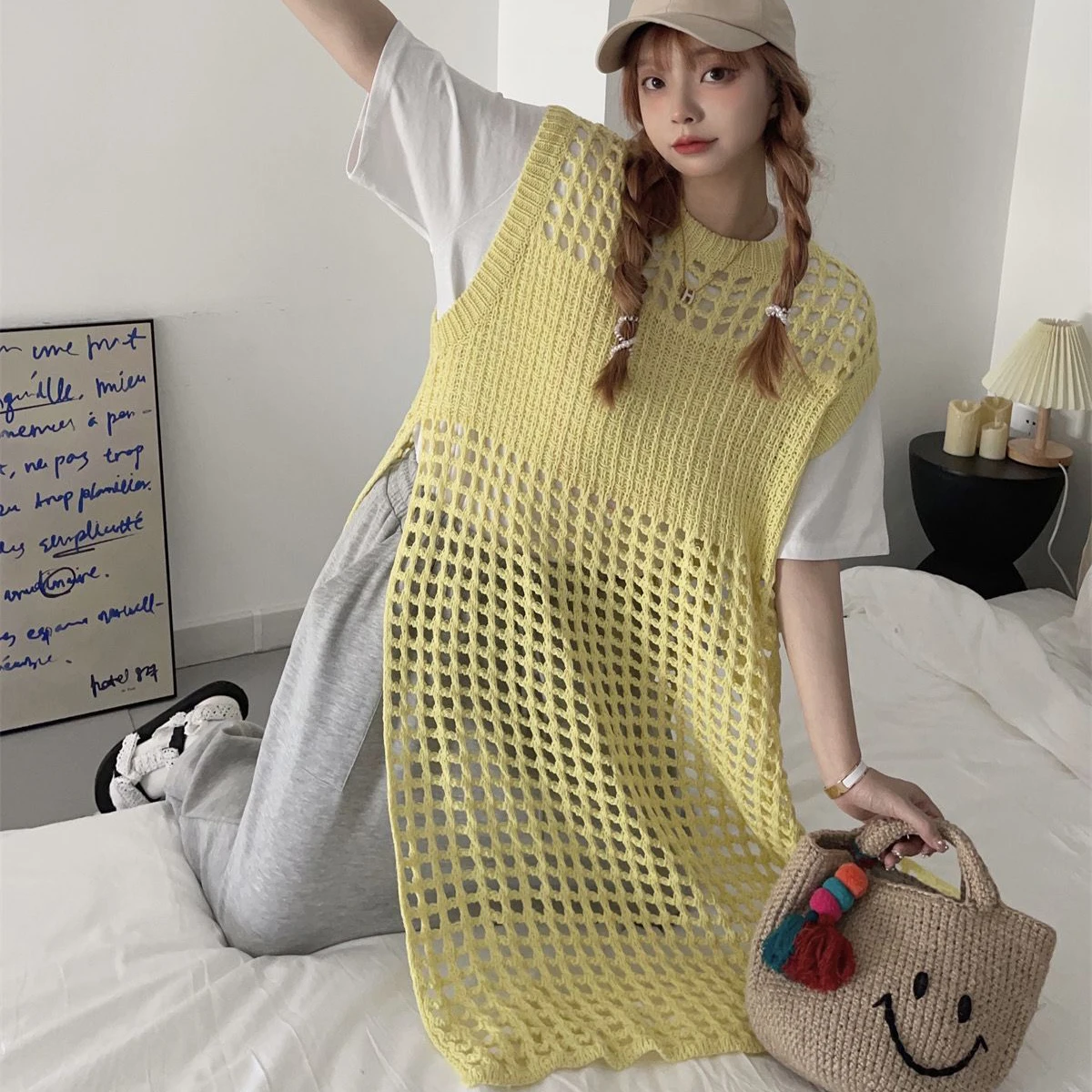 Chic Design Knitted Hollow out Vest Dress Women's Mid-Length Sweet Style Pure Color Summer Season Fashion Sensation Layering
