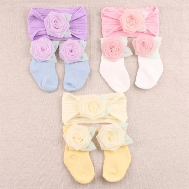 M76C الجوارب وعصابة الرأس لحديثي الولادة زوج من الجوارب المرنة والمريحة للأطفال وأغطية الرأس للجنسين جوارب للأطفال وعصابات الرأس