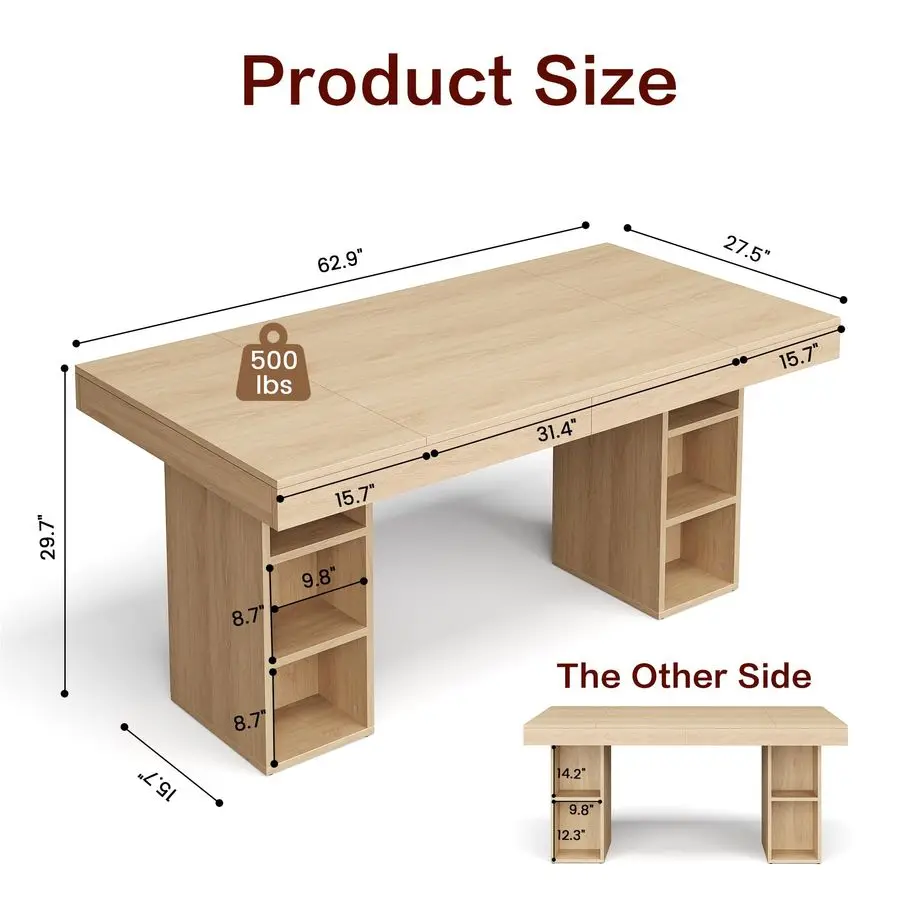 Dining Table for 6 with Dual Side Storage, 63inch Large Rectangular Dinner Table with Double Pedestal amp Large Tabletop, Wooden