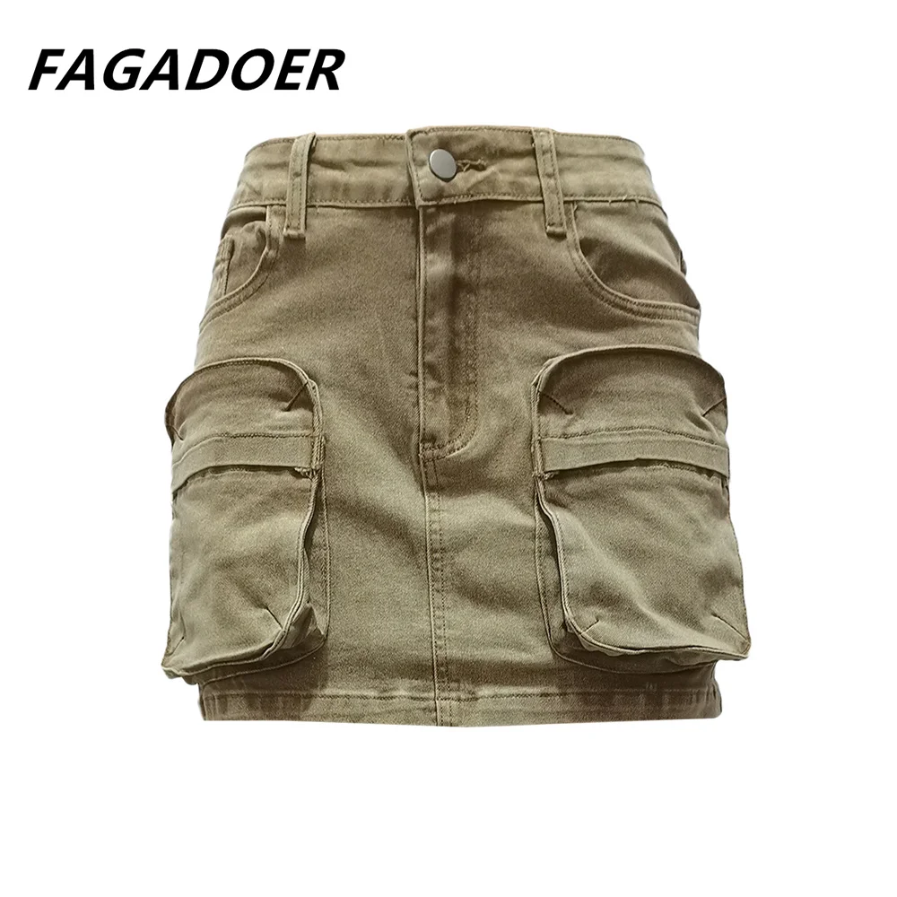 FAGADOER Spring New Fashion Pocket Cargo Denim Skirts Women High Waisted Button Skinny Mini Skirts Female Cowboy Bottoms 2024