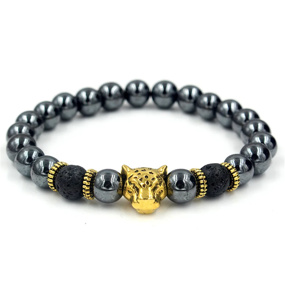 New Black Iron Stone Lion Head Leopard Head Crown Owl Helmet with Spacer and Two Volcanic Stones Bracelet Bracelet for Men