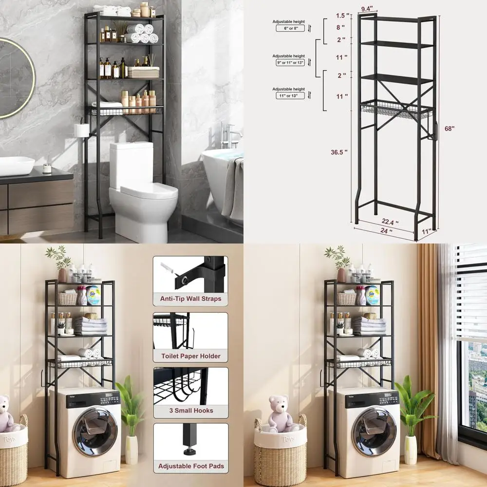 

4-Tier Adjustable Height Over Toilet Storage Rack, Space-Saving Bathroom Organizer, Black