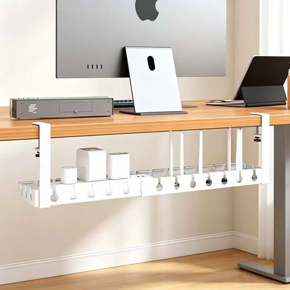 Retractable No Drill Clamp On Under Desk Cable Tray Metal Power Strip Wire Organizer Router Cord Storage Holder