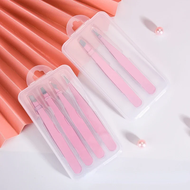 Roze 2/4 Stuks Hoge Kwaliteit Wenkbrauw Pincet Haar Schoonheid Fijne Haren Trekker Rvs Schuine Wenkbrauw Clips Make-Up Tools