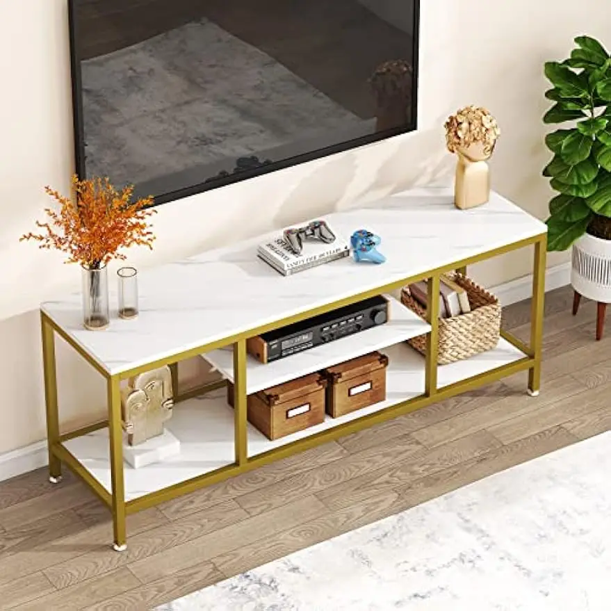 Mesa Console com Prateleiras de Armazenamento Aberto, TV Stand, Gabinete de Entretenimento para Sala de Estar, 65 na TV, 59 pol, 3 camadas