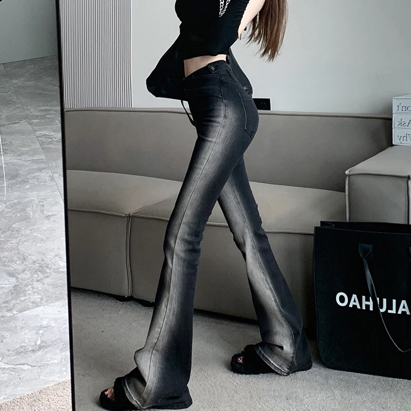 American Gradient Black Y2K Jeans Fashion New Skinny High Waist Distressed Flared Denim Pants Streetwear Girls