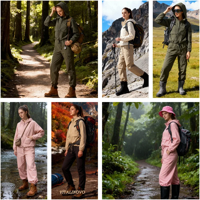 VITALINOVO Leichte Regenjacke für Damen, wasserdicht, durchgehender Reißverschluss, langärmelig, Sportjacke mit Kapuze, Windjacke zum Wandern – Detail 1