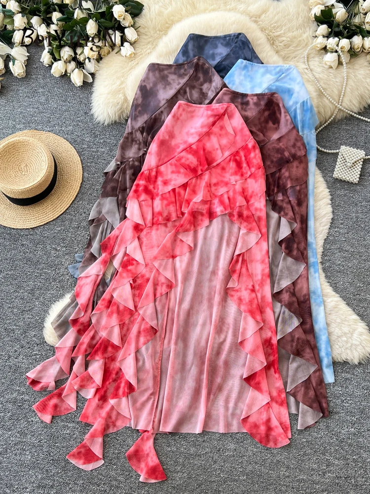 Beiyingni Kpop y2k Maxi Skirts Women Vintage Street Tie Dye Ruffles Irregular Long Skirt Female Casual Newest Summer Sexy Skirt