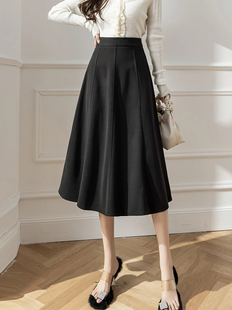 2025 Woolen Autumn Winter Skirt Woman Elegant A-line Office Umbrella Long Skirts High Waisted Spliced Brown Black Women's Skirt