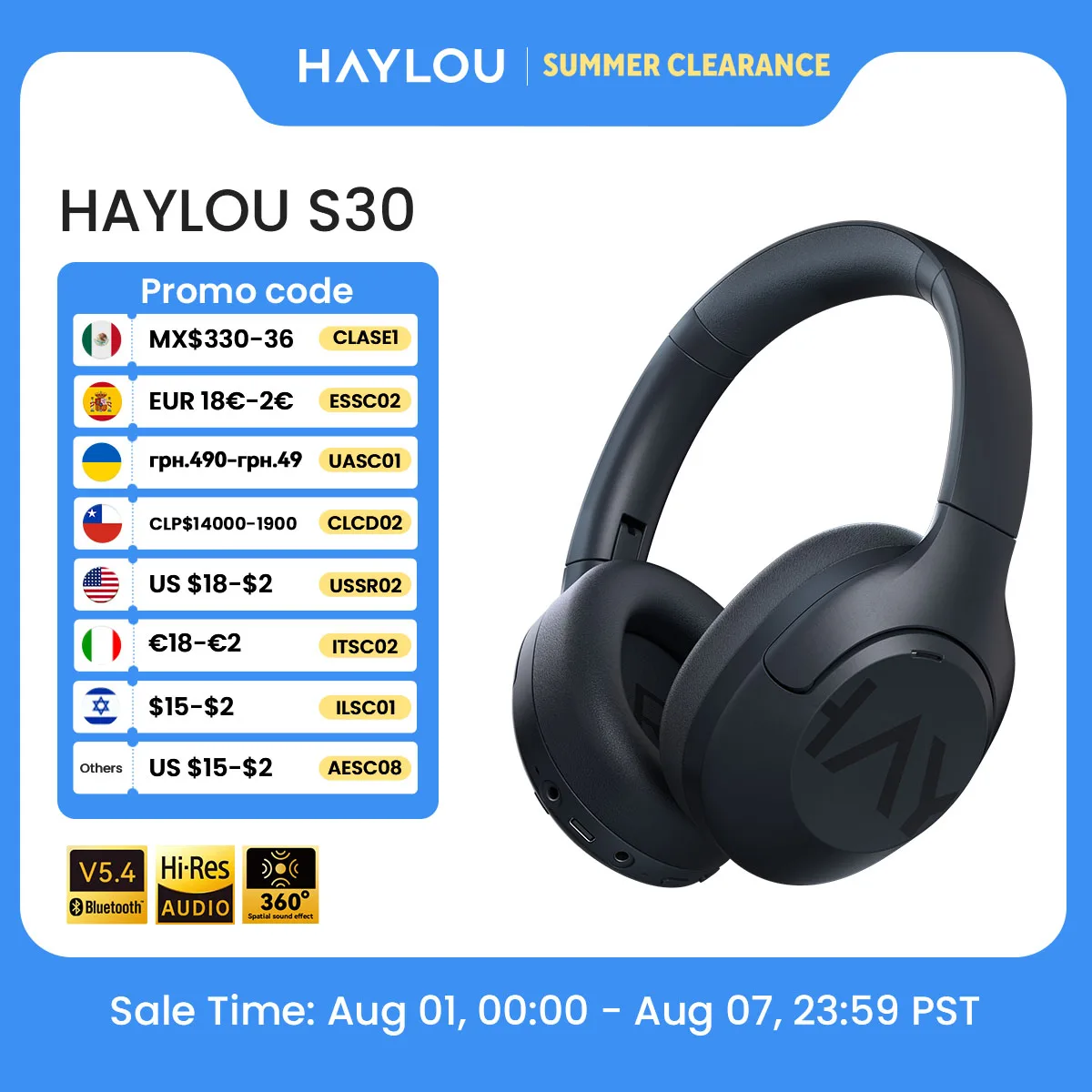 HAYLOU S30 Auriculares Inalámbricos Bluetooth 5.4 43dB Auriculares Adaptativos con Cancelación de Ruido 40mm Driver 80H Playtime