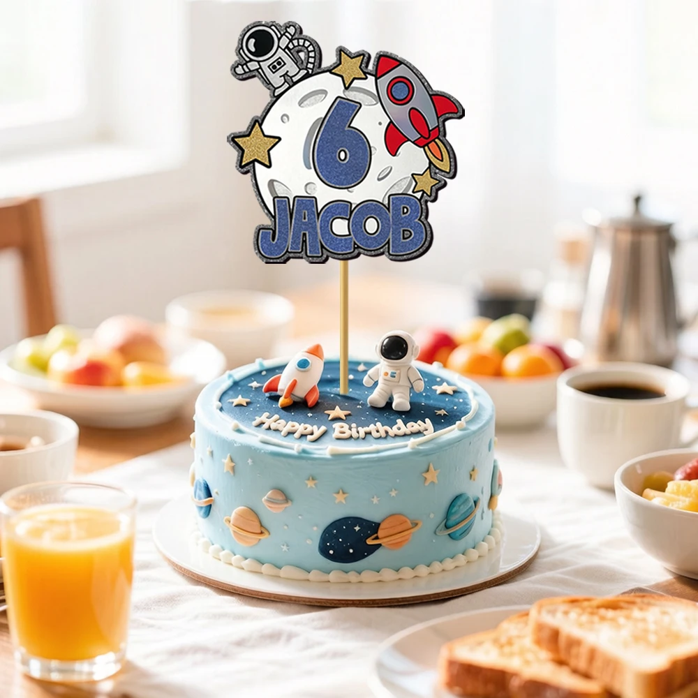 1pc Astronaut Birthday Cake Topper Customized Age Name Rocket Moon Pattern Design Outer Space Themed Baby Shower Birthday Party