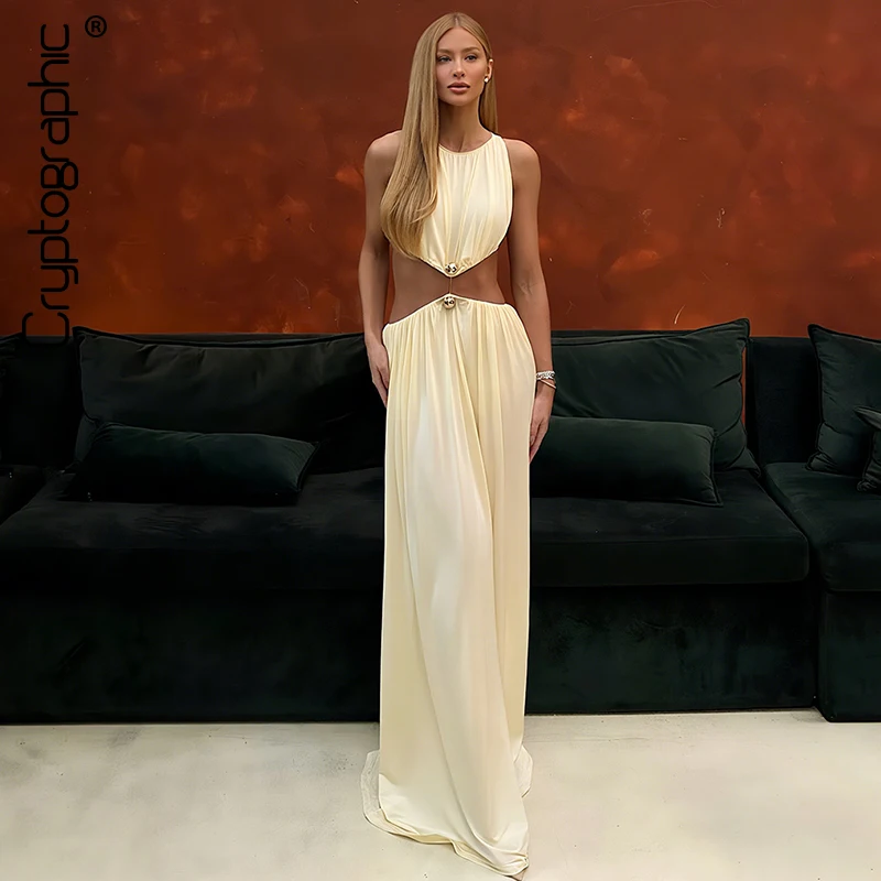 

Cryptographic Embellished Draped Sexy Sleeveless Cut Out Maxi Dress Women Party Club Outfits Solid Long Dresses Gown Holiday