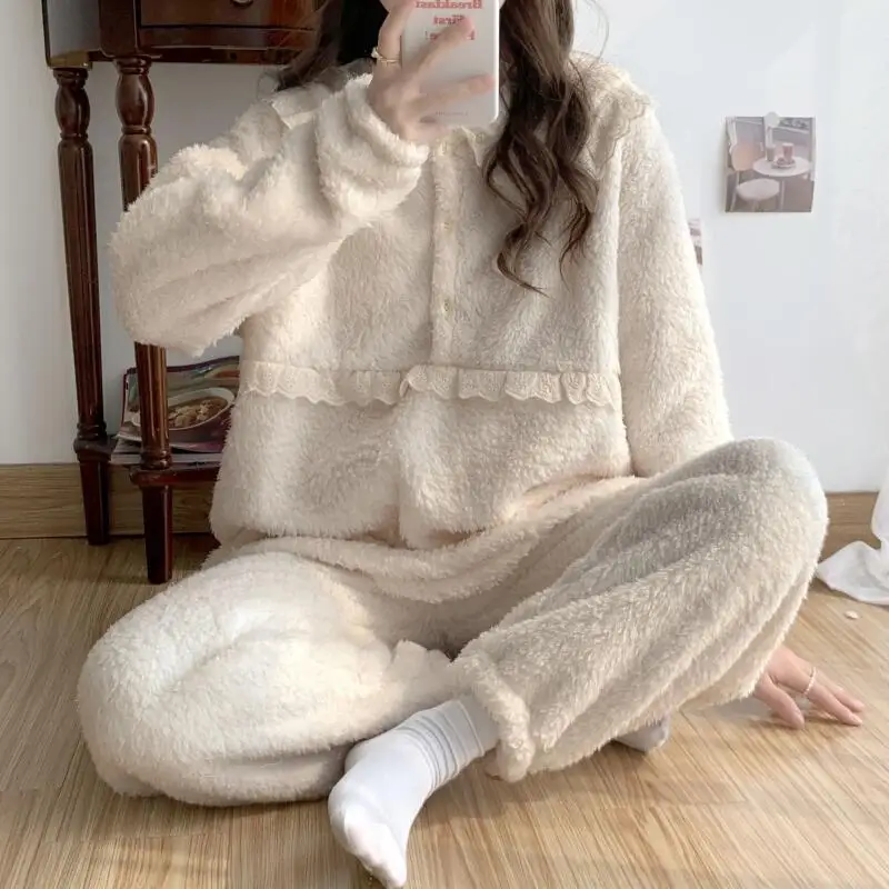 Hot Coral Fleece Leisure Wear Winter Thicken Cute Sweet Minimalist Loungewear Set Dopamine Birthday Present New Style Wholesale